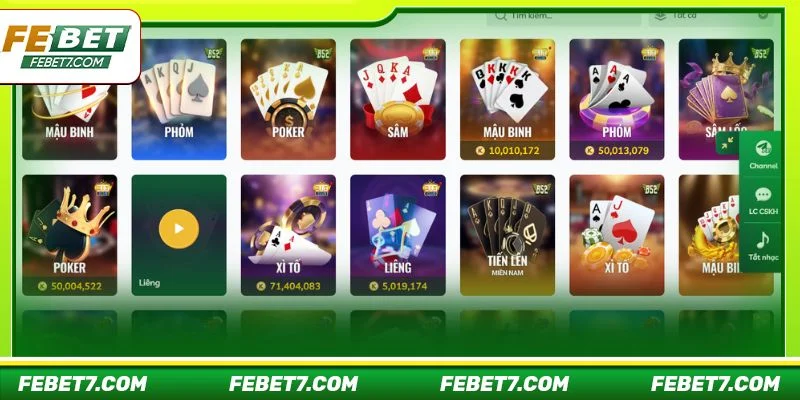 Danh mục game bài đa dạng được triển khai tại FEBET